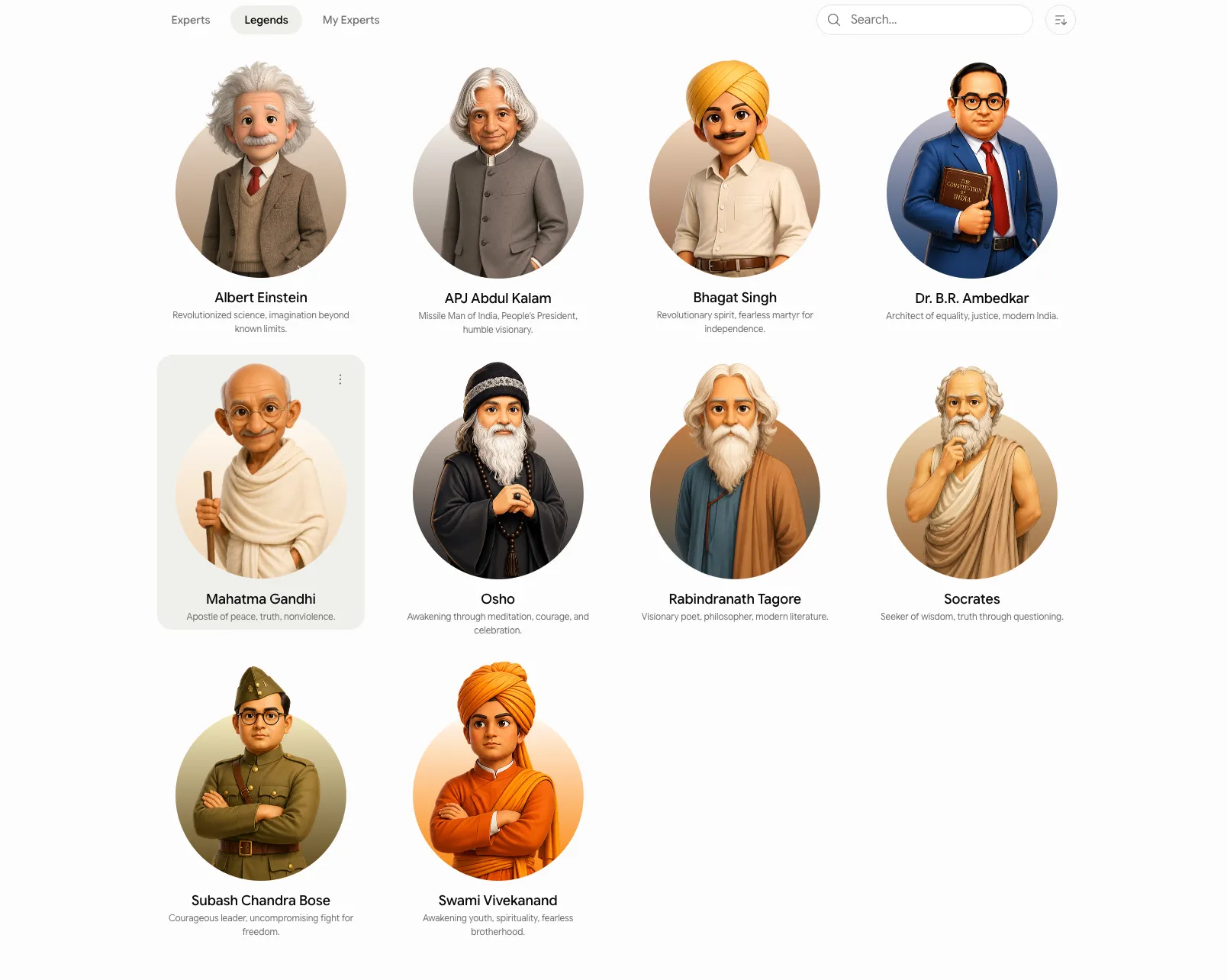 AI Fiesta legends gallery with Einstein, Gandhi and other avatars