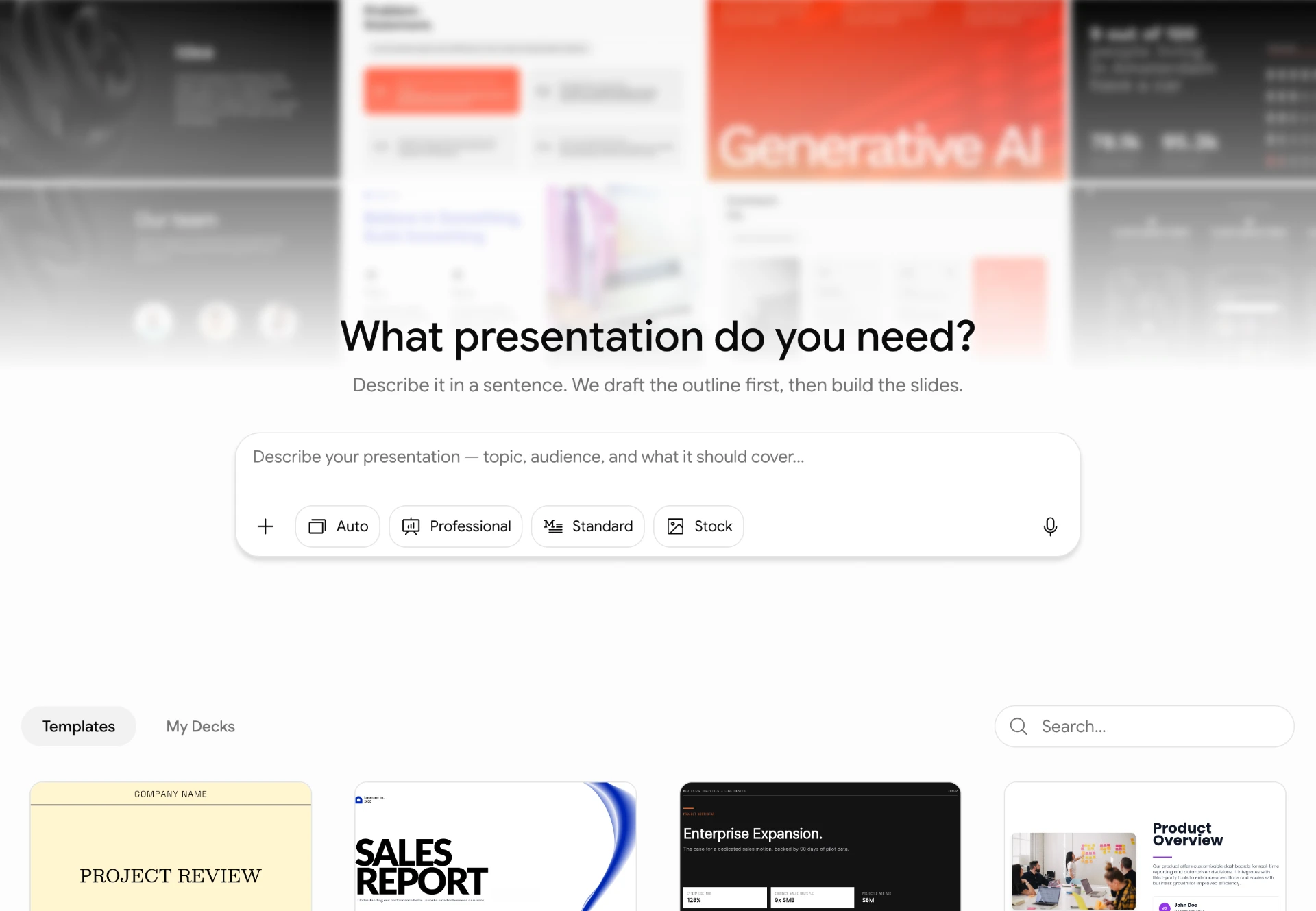 AI Fiesta Presentation Mode screen with slide templates