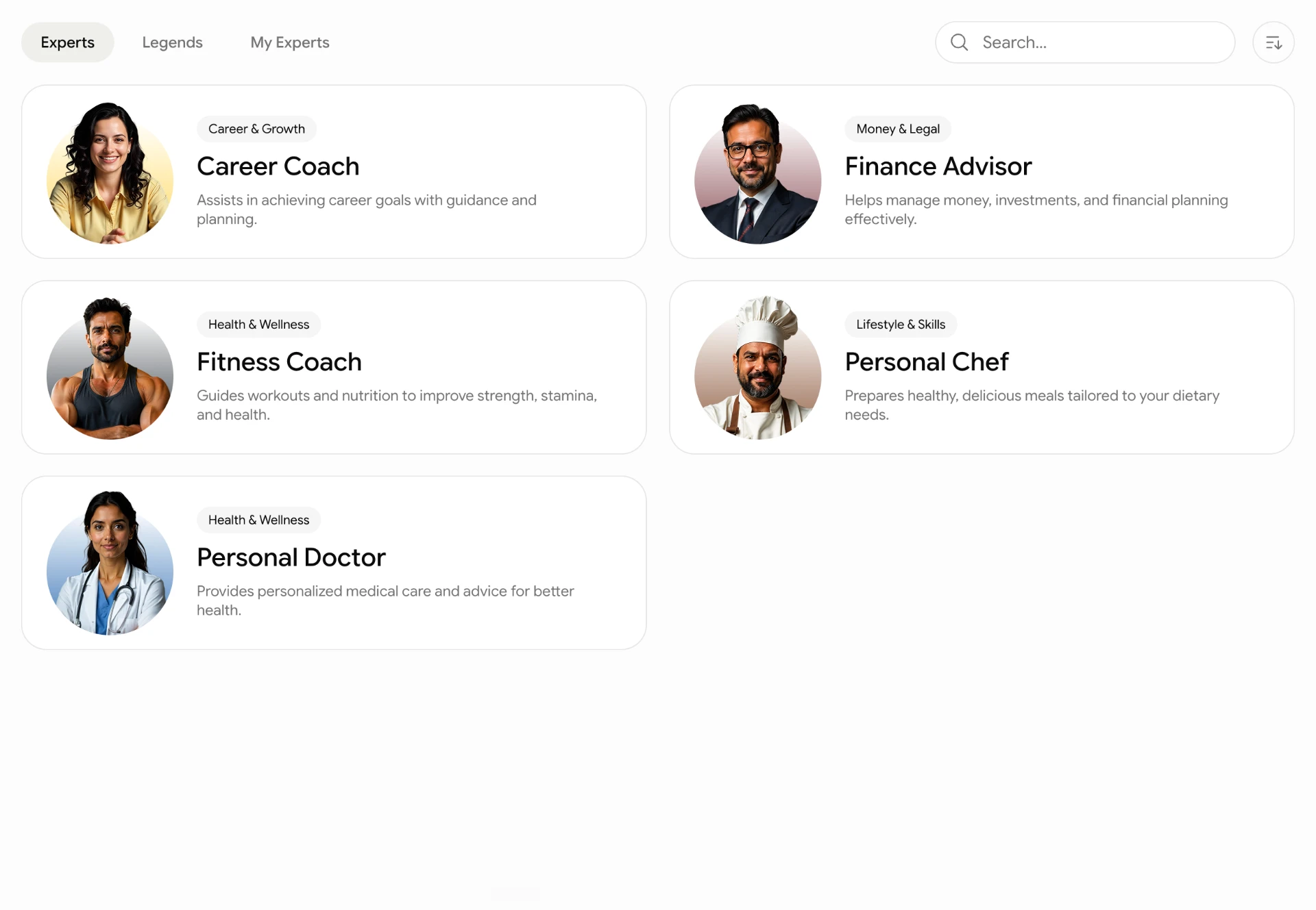 AI Fiesta experts gallery with doctor, chef and coach avatars