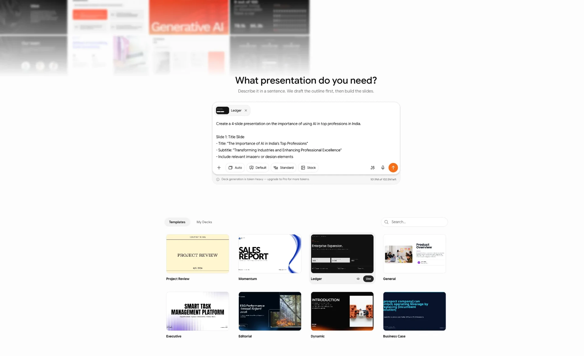 AI Fiesta Presentation Mode screen with slide templates