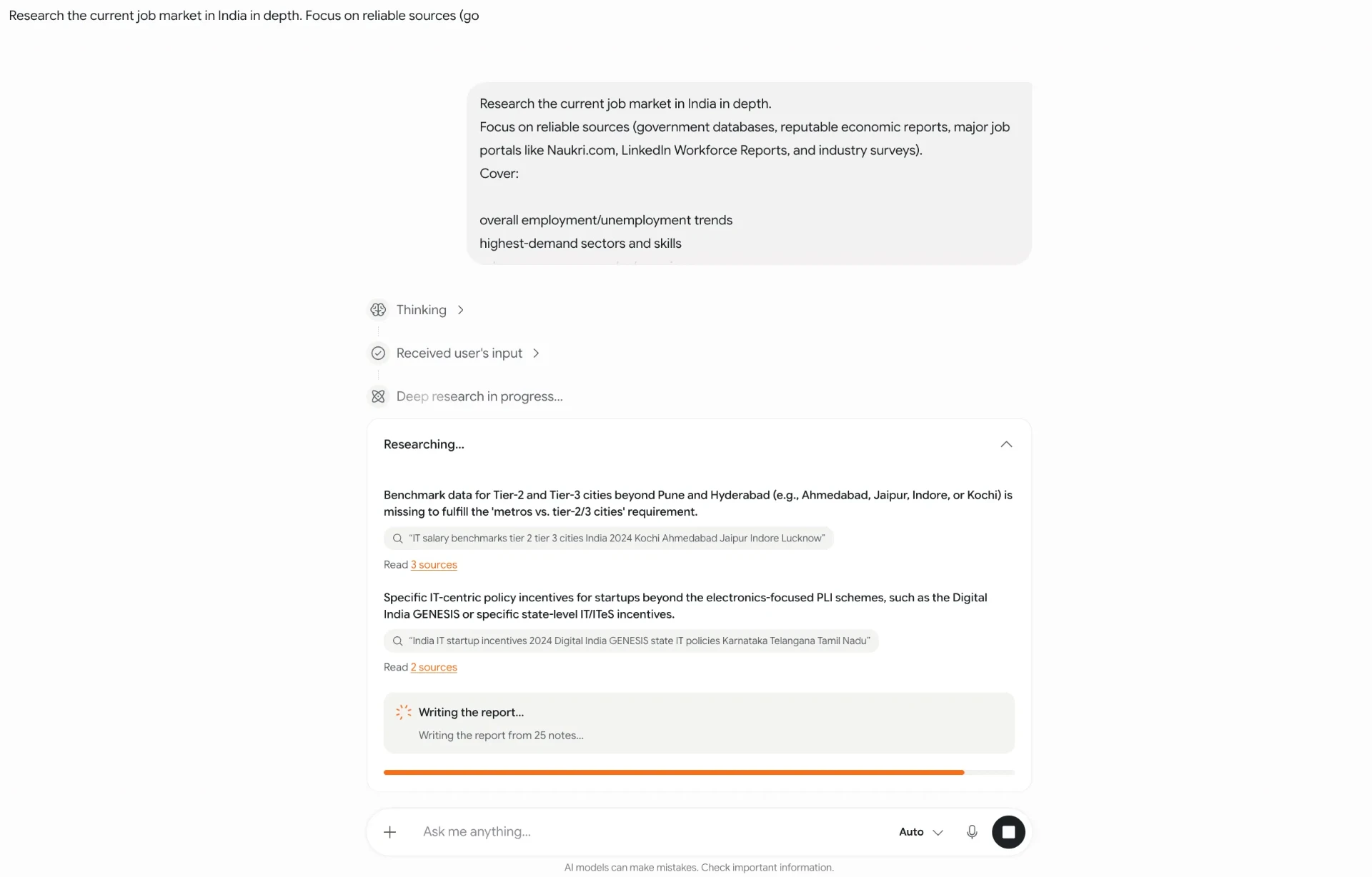 AI Fiesta Deep Research interface showing research progress and sources