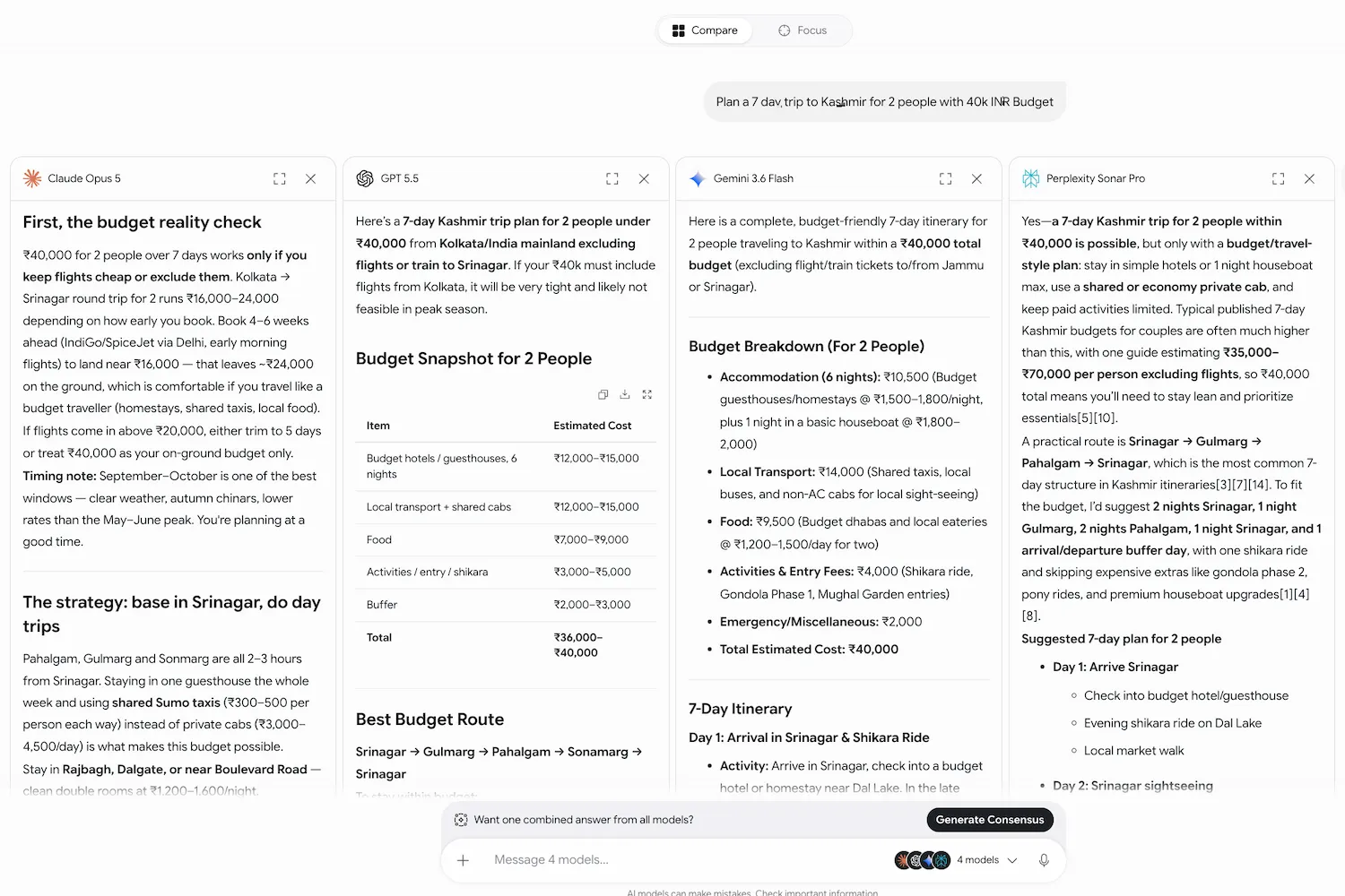 Compare mode showing side-by-side model responses and Consensus takeaways